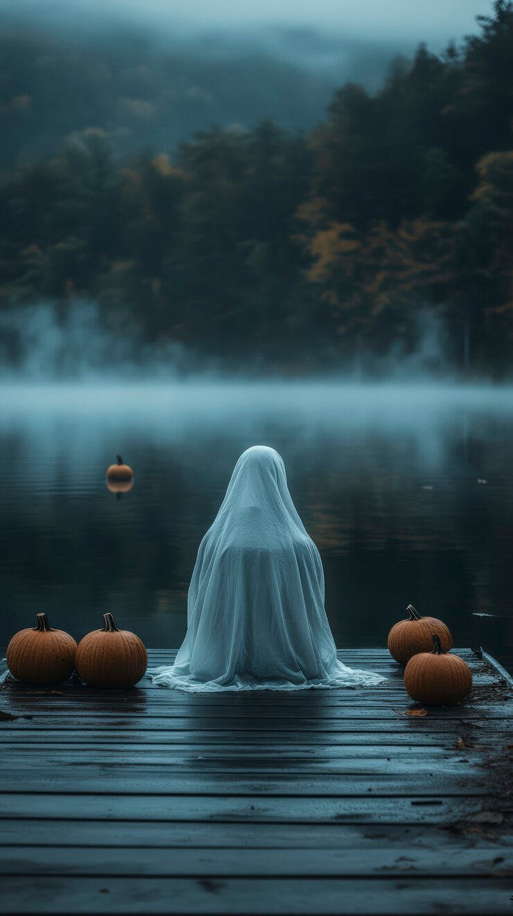 scene-halloween-apparition-fantome-entouré-de-citrouille-au-bord-d-un-lac